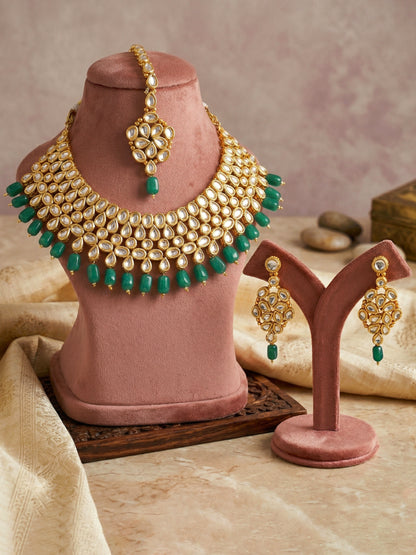 Handcrafted Kundan Green Beaded Choker Jewellery Set with Maang Tikka, 18K Gold Plated (842-B5SP-005-G)