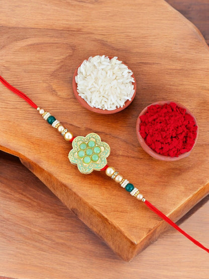 Lucky Jewellery Designer Mint Color Meena Rakhi - Rakshabandhan Rakhee with Pearl Lumba Bracelet for Brother/Bhaiya/Bhai/Bhabhi - Pack of 2 (130-JPCR1-1857-MNT-2)