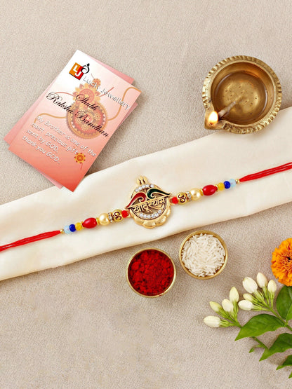 Divine Khatu Shyam & Trishul Om Beaded Rakhi Set For Brother with Roli Chawal & Card (72-S5R1-AR2970)