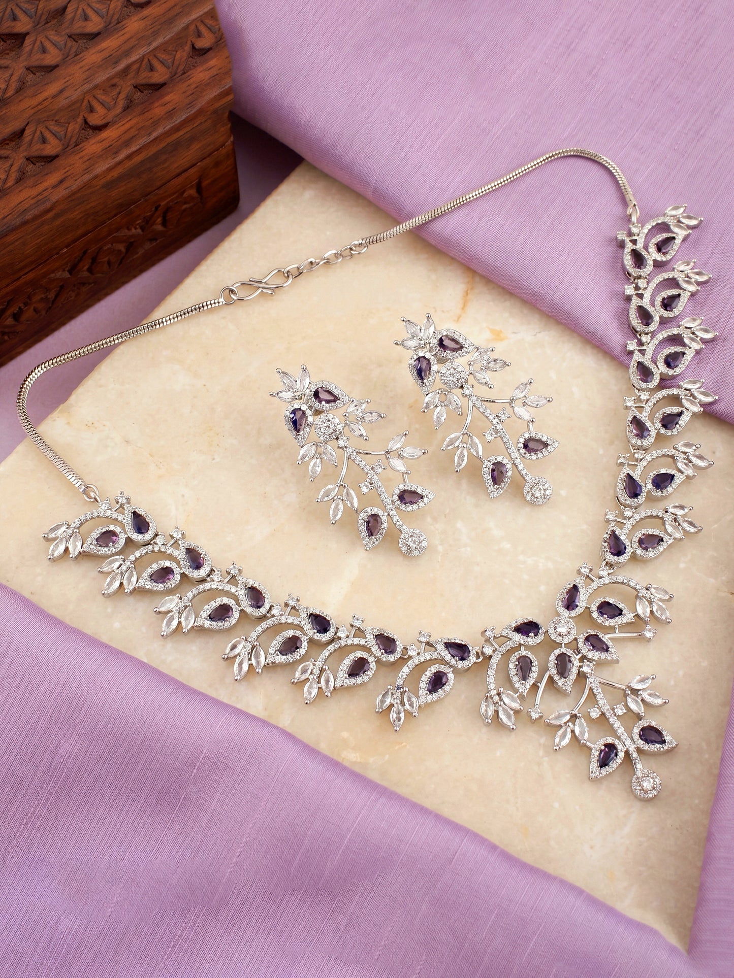 Lucky Jewellery Silver-Tone Purple Stone & American Diamond Necklace Set with Earrings for Women – Office, Party & Function Wear (1948-K4SA-2241-P-S)