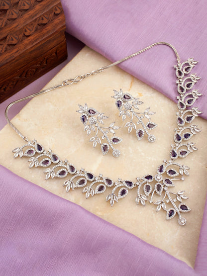 Lucky Jewellery Silver-Tone Purple Stone & American Diamond Necklace Set with Earrings for Women – Office, Party & Function Wear (1948-K4SA-2241-P-S)