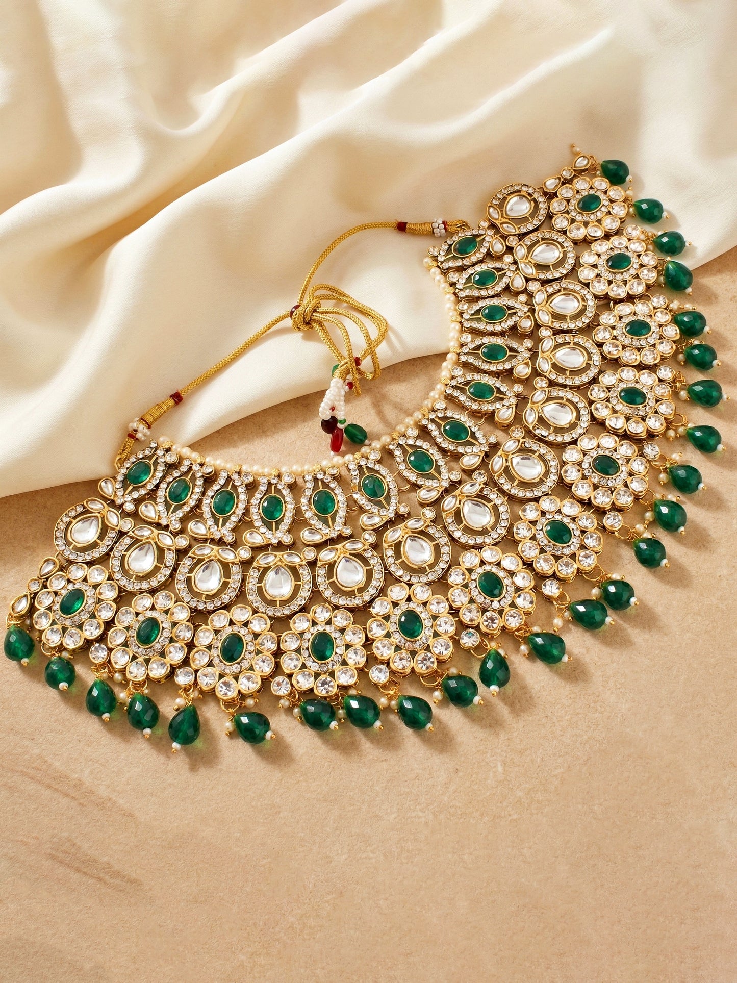 Bridal AD Green Stone Heavy Choker Jewellery Set with Sheesh Patti, Nath & Jhumka (3300-M8ZK-1104-G)