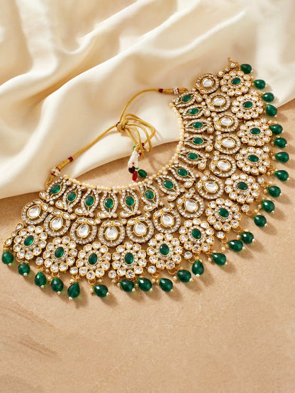 Bridal AD Green Stone Heavy Choker Jewellery Set with Sheesh Patti, Nath & Jhumka (3300-M8ZK-1104-G)