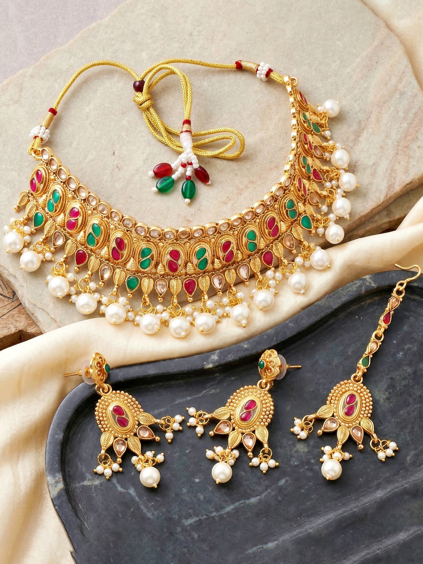 Lucky Jewellery Gold-Plated Ruby & Green Color Choker Set with Tikka (866-G2SR-005-RG)