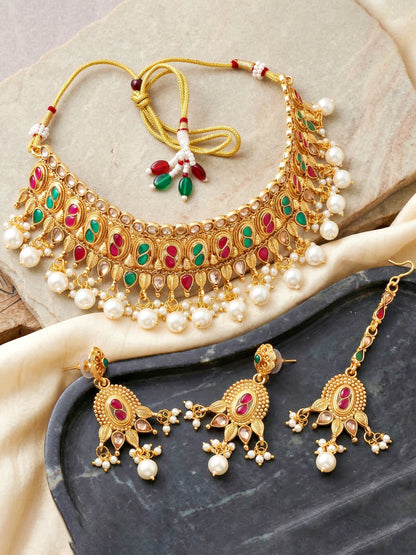 Lucky Jewellery Gold-Plated Ruby & Green Color Choker Set with Tikka (866-G2SR-005-RG)