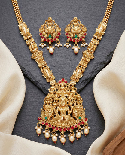 Lucky Jewellery Gold-Plated Laxmi Idol Temple Ruby & Green Color Necklace Set (660-G2SR-196-RG)
