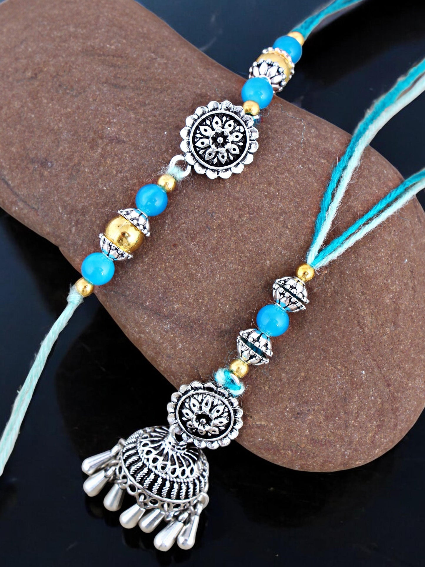 Lucky Jewellery Designer Oxidised Silver Rakhi - Rakshabandhan Rakhee with Tasseled Lumba Bracelet for Brother/Bhaiya/Bhai/Bhabhi - Pack of 2 (144-JPCR1-1983-S-2)