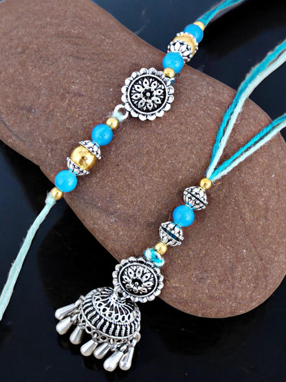 Lucky Jewellery Designer Oxidised Silver Rakhi - Rakshabandhan Rakhee with Tasseled Lumba Bracelet for Brother/Bhaiya/Bhai/Bhabhi - Pack of 2 (144-JPCR1-1983-S-2)