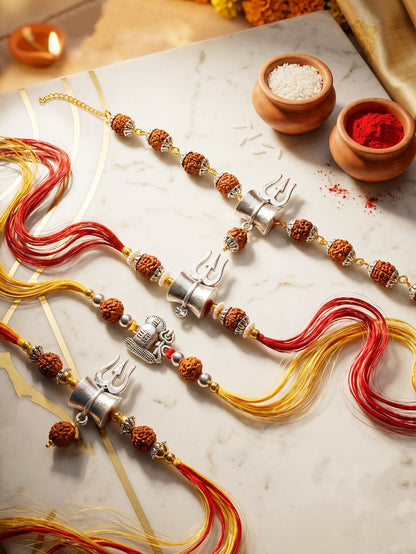 Rudraksha Rakhi Set of 4 for Brothers With Silver Trishul Design with Roli, Chawal & Card (241-JPR1-1982-S-4-2026)