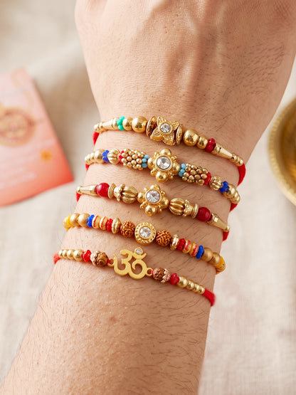 Lucky Jewellery Set of 5 Rakhi with Small Floral & Om Centerpieces, Gold-Tone Beads, Roli Chawal & Card (57-S7R1-2313-5)