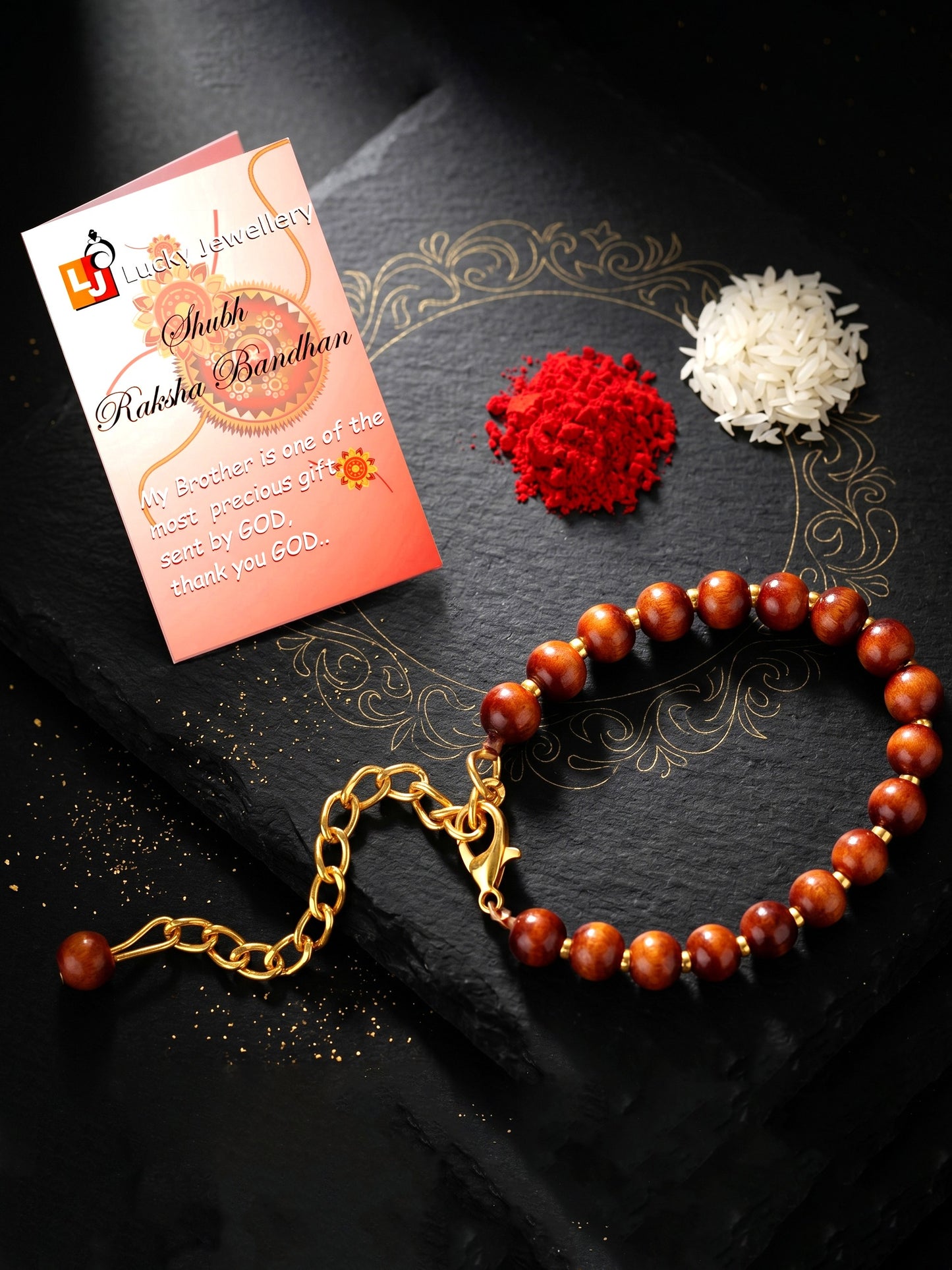 Elegant Brown Adjustable Rudraksha Style Beaded Rakhi with Roli Chawal & Greeting Card For Brothers (76-S7R1-EA3012)