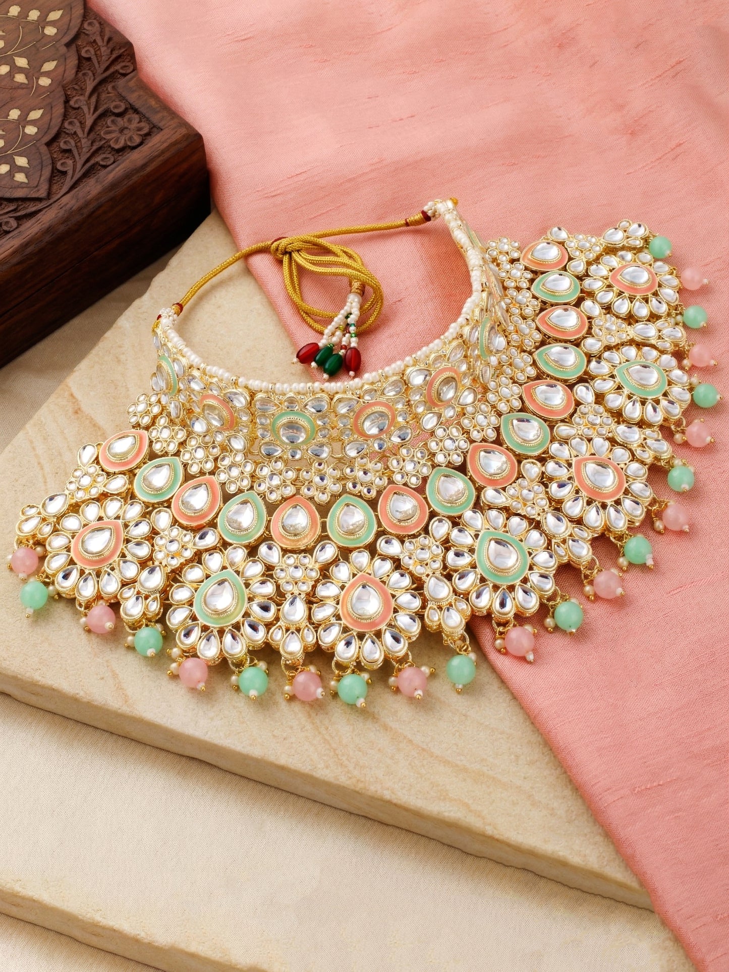 Bridal Kundan Pink Mint Multicolor Heavy Choker Jewellery Set with Hathphool & Nath (2640-IZK-551-PKMNT)