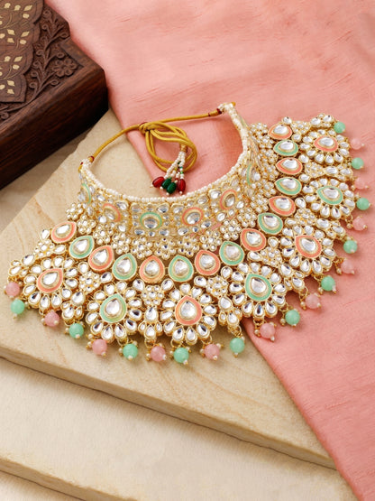 Bridal Kundan Pink Mint Multicolor Heavy Choker Jewellery Set with Hathphool & Nath (2640-IZK-551-PKMNT)
