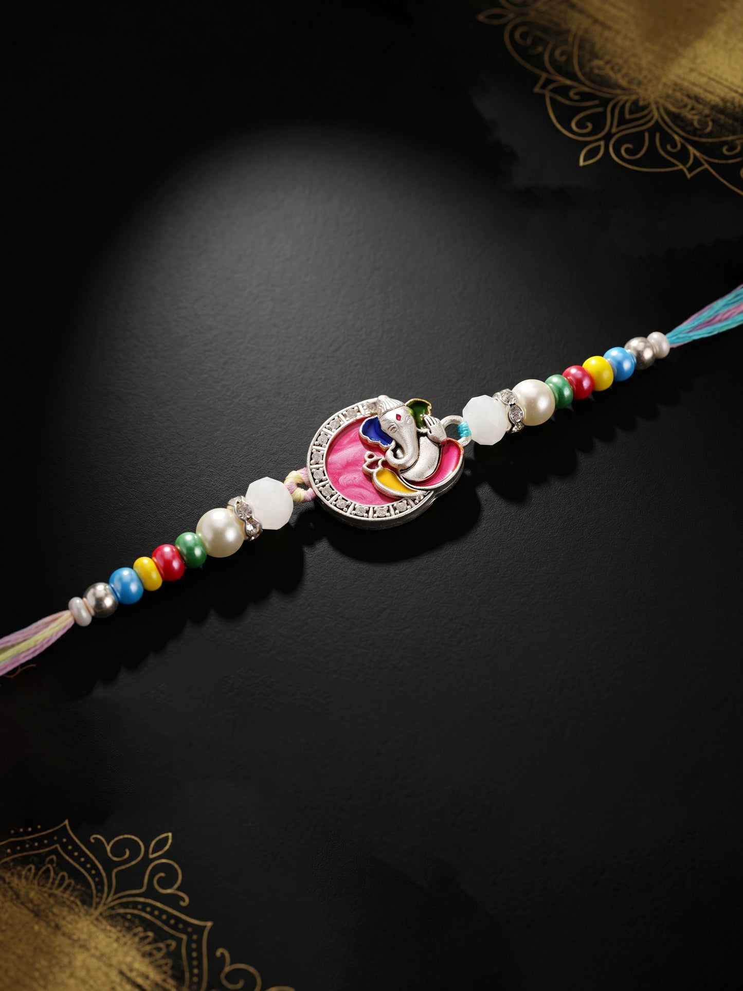 Lord Ganesha Circular Ganpati Silver-Finish Enamel Beaded Rakhi Set For Brother, Roli & Card (132-S5R1-AR2773)