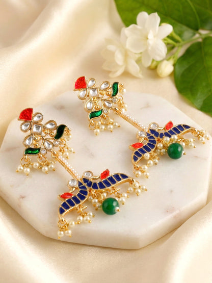 LUCKY JEWELLERY Gold Plated Enamel Peacock Design multicolor with Green Beads Earring For Girls & Women | Kashmiri Style Earing Set | Birthday Gift Earrings Valentine Anniversary