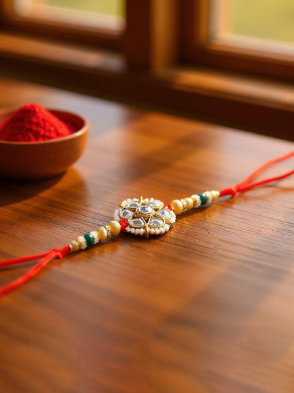 Lucky Jewellery Designer Kundan Floral Rakhi - Rakshabandhan Pearl Rakhee with Lumba Bracelet for Brother/Bhaiya/Bhai/Bhabhi - Pack of 2 (118-JPCR1-1850-2)
