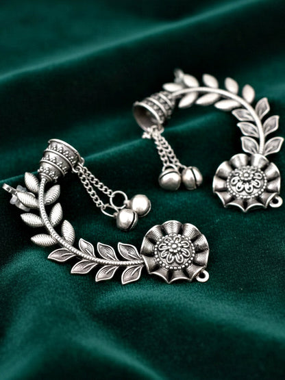 Oxidised Silver Leaf Floral Ear Cuff with Ghungroo Chain Drop Earrings For Girls & Women (258-KK2O-10668)