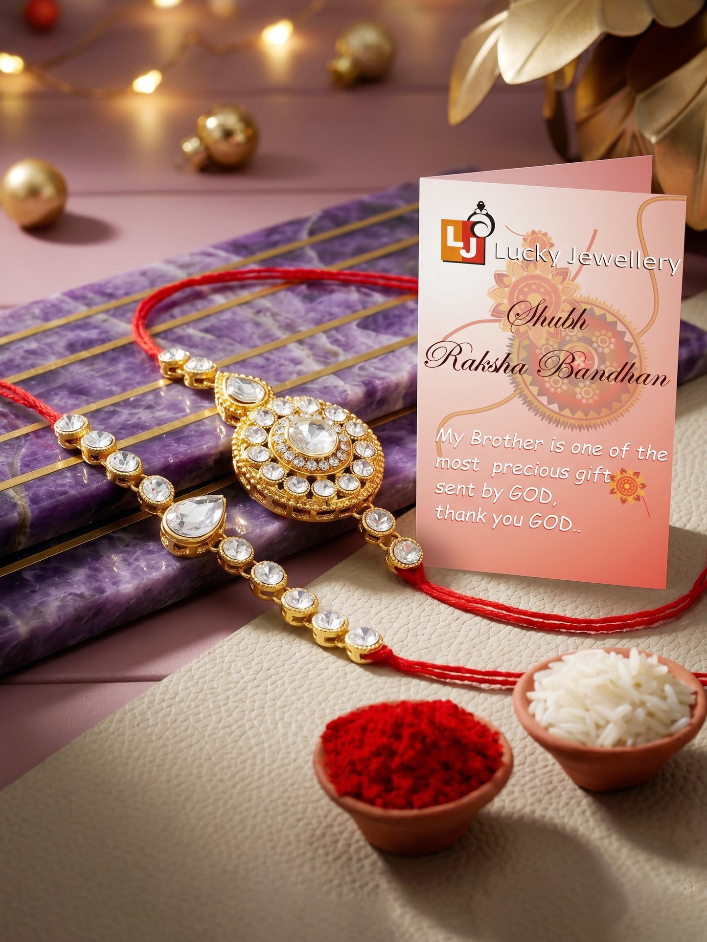 LUCKY JEWELLERY Traditional Rakhi for Brother/Bhaiya – Gold Plated Red Thread Rakshabandhan Rakhie White Stones for Bhai/Bhabhi (Pack of 2) – Fancy Rakhee Bracelet Rakshasutra (159-L1R1-21-W-2-2026)