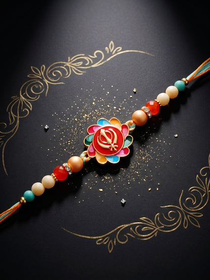Khanda Sahib Punjabi Sikh Symbol Beaded Rakhi for Brother With Roli Chawal & Greeting Card (102-S5R1-JMD0215)
