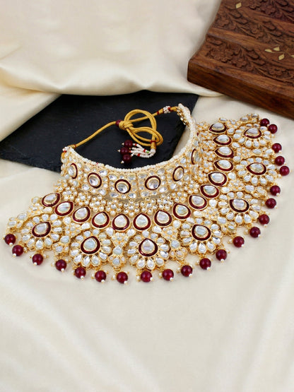 Bridal Kundan Maroon Heavy Choker Jewellery Set with Hathphool & Nath (2640-IZK-551-M)
