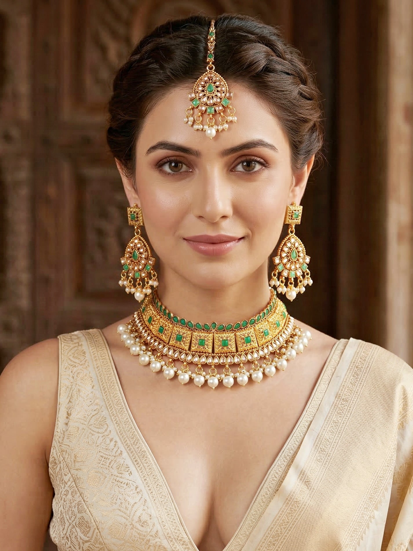 Lucky Jewellery Gold-Plated Green Color Choker Set with Tikka (866-G2SR-006-G)