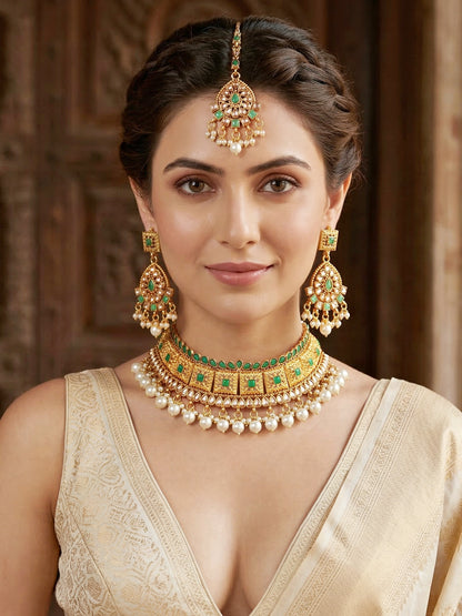 Lucky Jewellery Gold-Plated Green Color Choker Set with Tikka (866-G2SR-006-G)