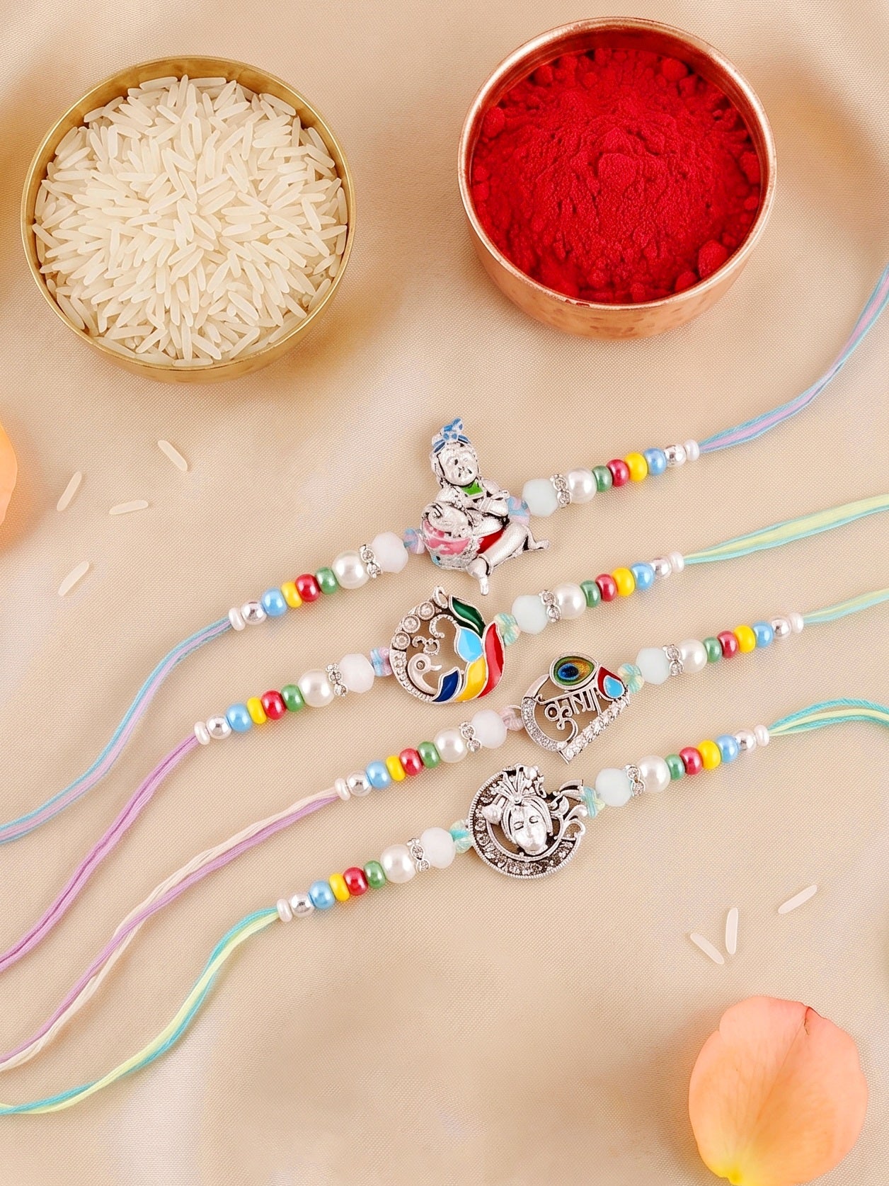Lucky Jewellery Set of 4 Silver-Toned Bal Krishna & Peacock Rakhi for Brother | Designer Beaded Raksha Bandhan Threads with Roli, Chawal & Card (408-S5R1-2308-4)