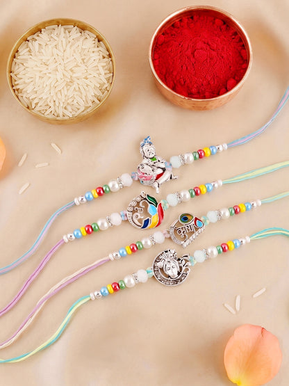 Lucky Jewellery Set of 4 Silver-Toned Bal Krishna & Peacock Rakhi for Brother | Designer Beaded Raksha Bandhan Threads with Roli, Chawal & Card (408-S5R1-2308-4)
