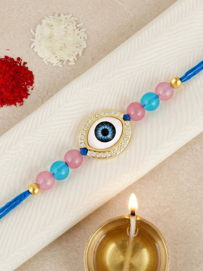 Evil Eye Rakhi for Brother. Protective Charm with Pink & Blue Beads, Roli, Chawal & Card (265-CHR1-1191-F-1-2026)
