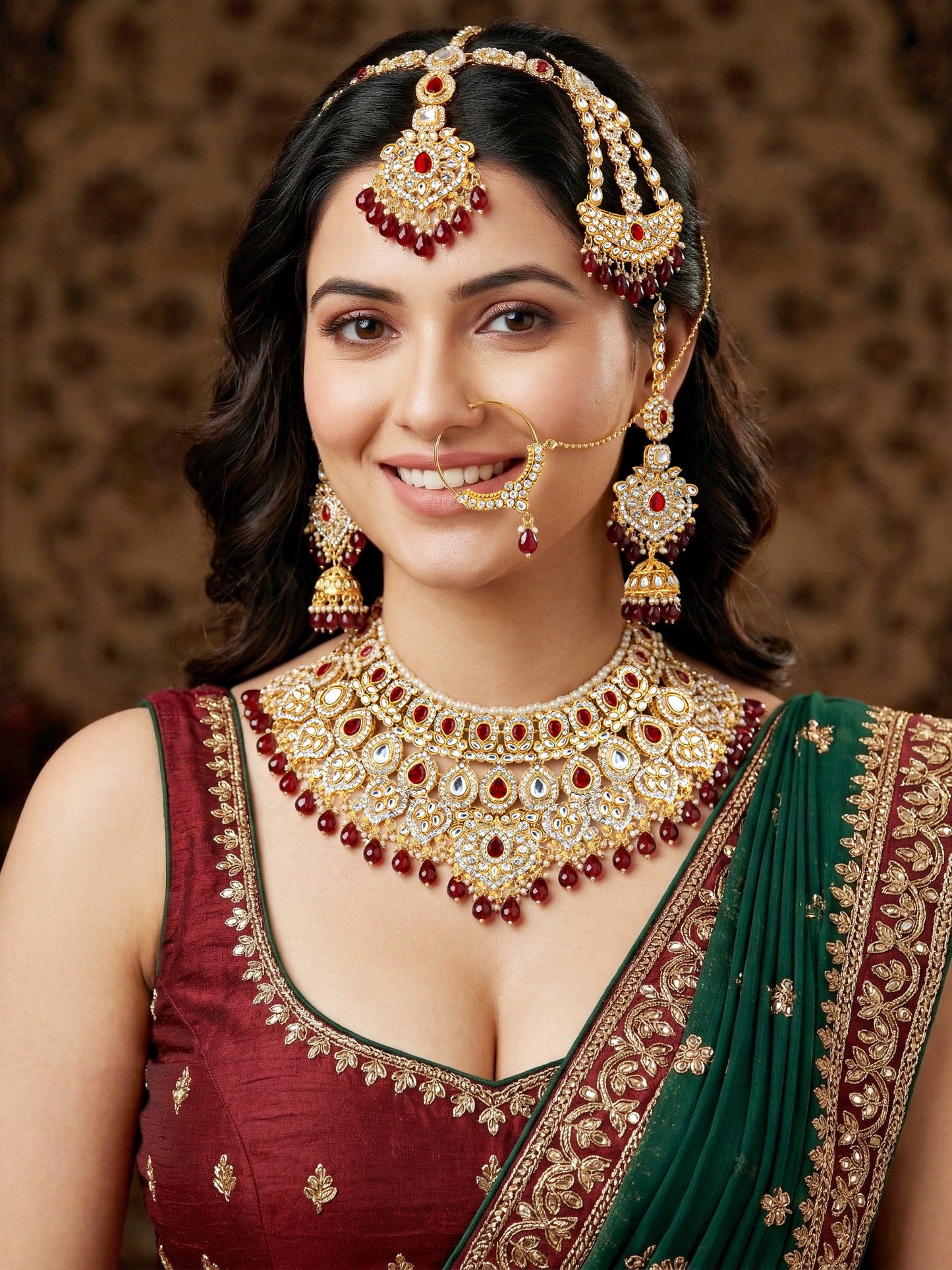 Bridal AD Maroon Stone Heavy Choker Jewellery Set with Sheesh Patti, Nath & Jhumka (3300-M8ZK-1102-M)