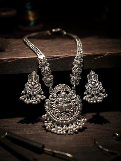 Oxidised Silver Lord Ganesha Temple Jewellery Necklace Set with Earrings