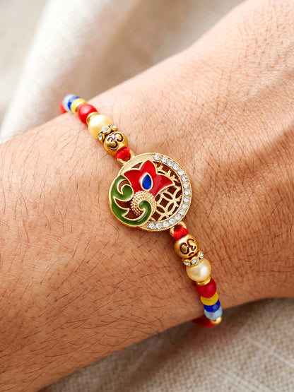 Designer Floral Enamel Multicolour Beaded Rakhi For Brother With Roli Chawal & Card (72-S5R1-AR2919)