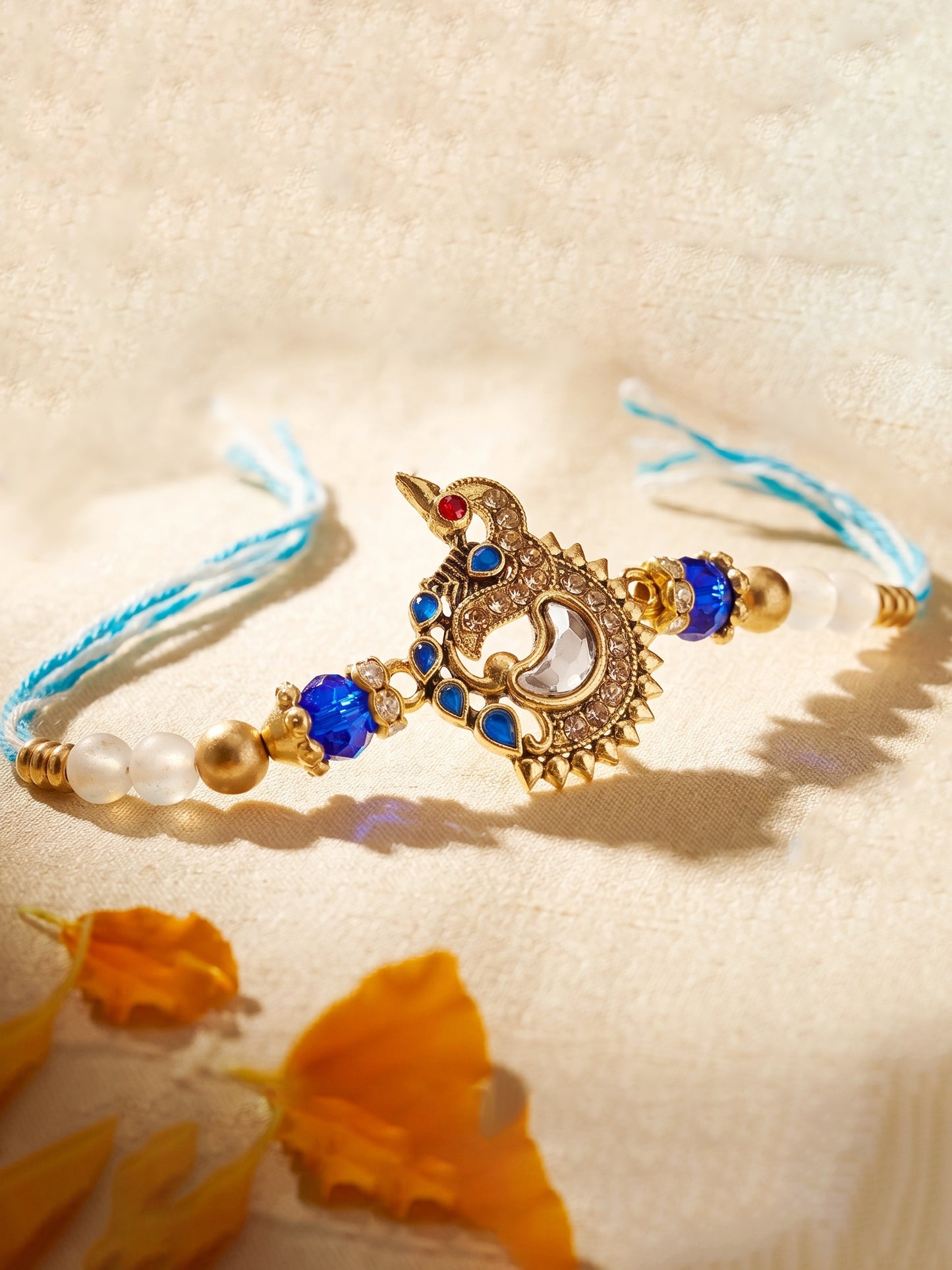 Designer Peacock Blue Stone & Beaded Rakhi for Brother with Roli Chawal & Greeting Card (61-S7R1-EA2527)