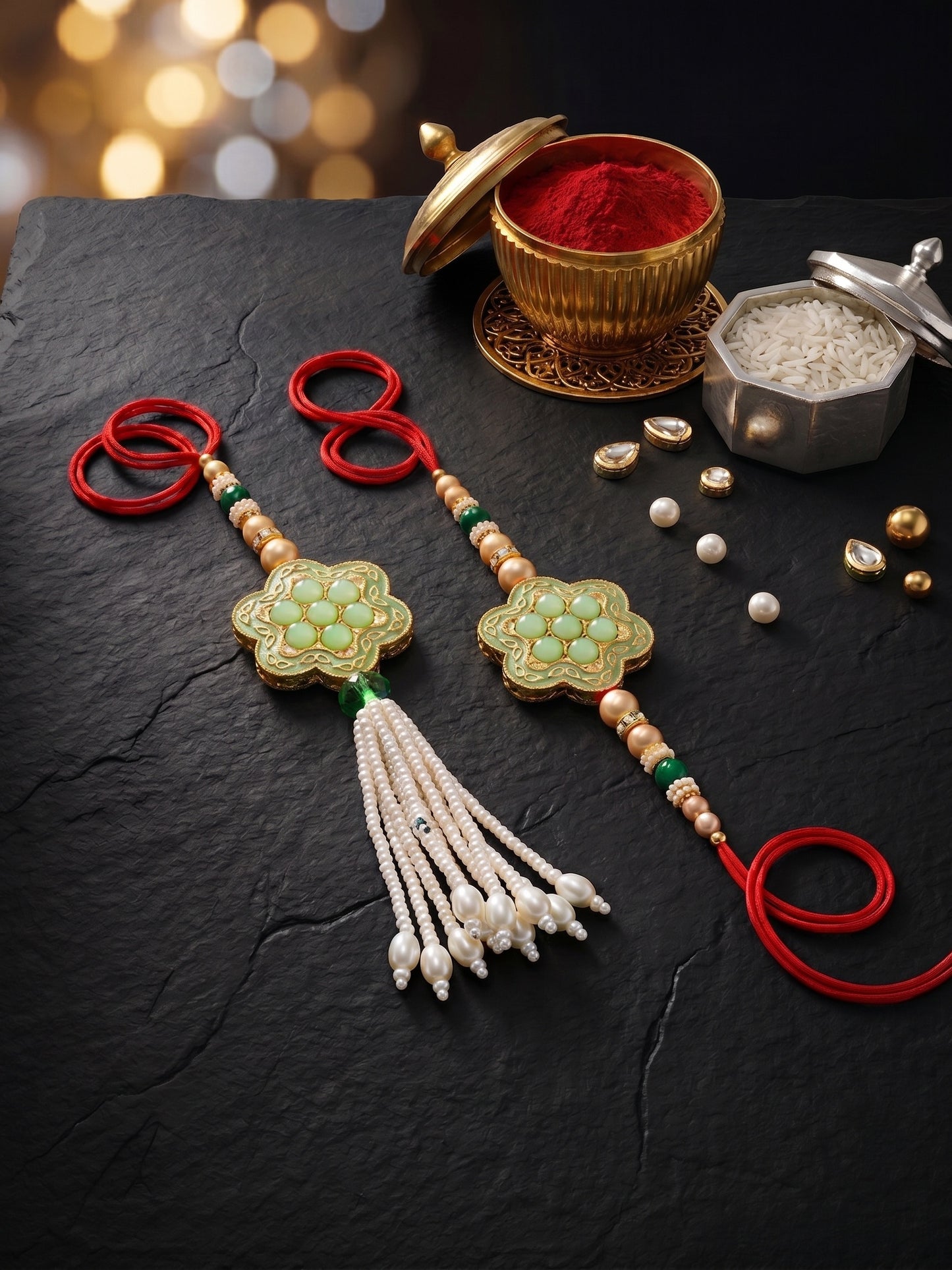Set of 2 Bhaiya Bhabhi Rakhi Set with Floral Mint Pendant, Green & Golden Beads,Tassel Lumba (130-JPCR1-1857-MNT-2-2026)