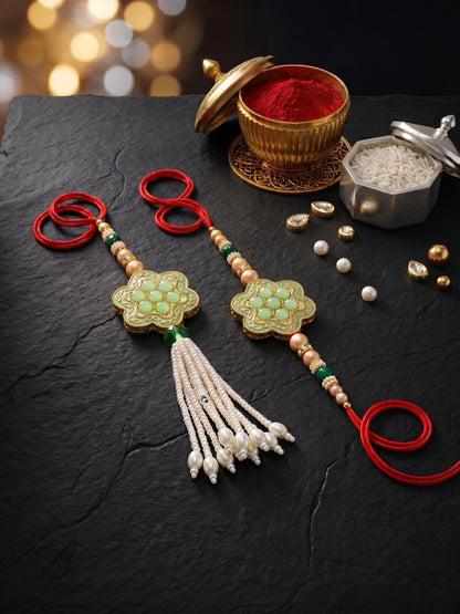 Set of 2 Bhaiya Bhabhi Rakhi Set with Floral Mint Pendant, Green & Golden Beads,Tassel Lumba (130-JPCR1-1857-MNT-2-2026)