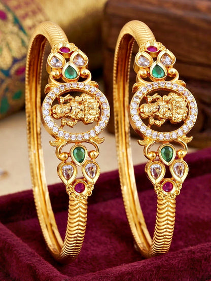 Gold-Plated Laxmi Ji AD Temple Bangle Pink Green (655-C1BG-2197-2)