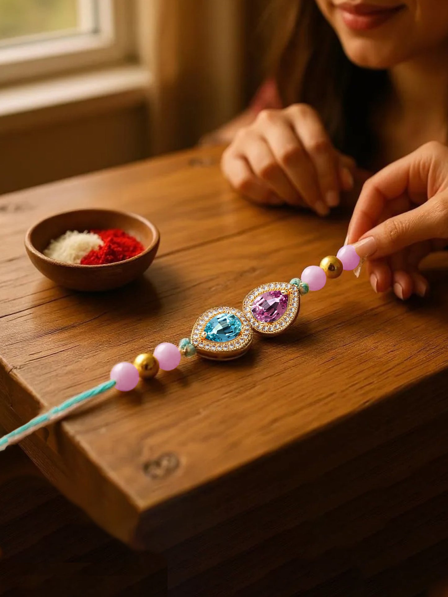 Lucky Jewellery Designer Pink & Turquoise Color Stone Rakhi - Rakshabandhan Pearl Rakhee Bracelet for Brother/Bhaiya/Bhai/Bhabhi - Pack of 1 (176-CHR1-1279-PKF-1)