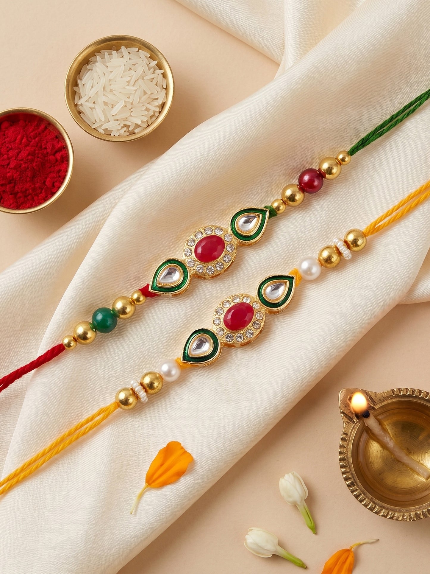 Set of 2 Designer Kundan Rakhi for Brother with Maroon, Clear Crystals, Roli Chawal & Card (98-J5R1-1977-2-2026)
