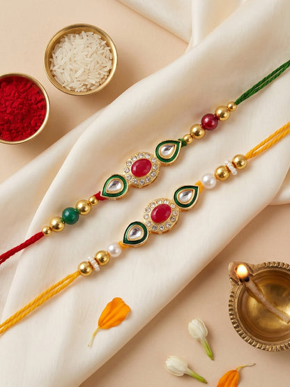 Set of 2 Designer Kundan Rakhi for Brother with Maroon, Clear Crystals, Roli Chawal & Card (98-J5R1-1977-2-2026)