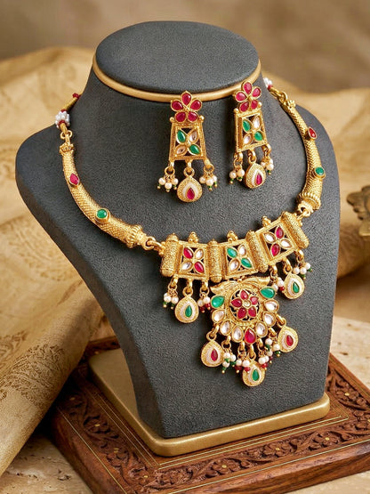 Lucky Jewellery Gold-Plated Ruby & Green Color Necklace Set (750-G2SR-269-RG)