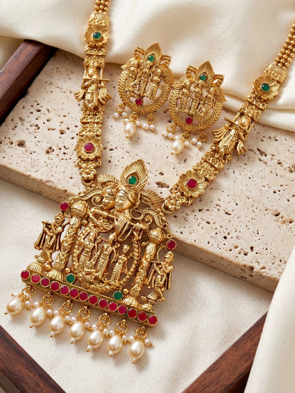 Lucky Jewellery 18K Gold-Plated Ram Parivar Ruby & Green Color Necklace Set (660-G2SR-195-RG)