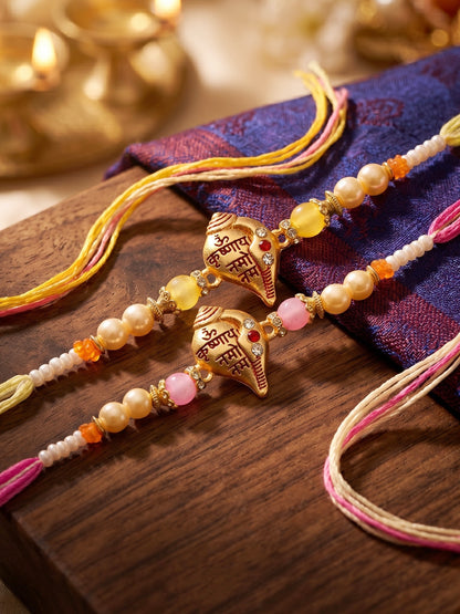 Lucky Jewellery Set of 4 Om Krishnaya Namah Shankh Rakhi for Brother with Roli, Chawal & Greeting Card (202-S7R1-2323-4)
