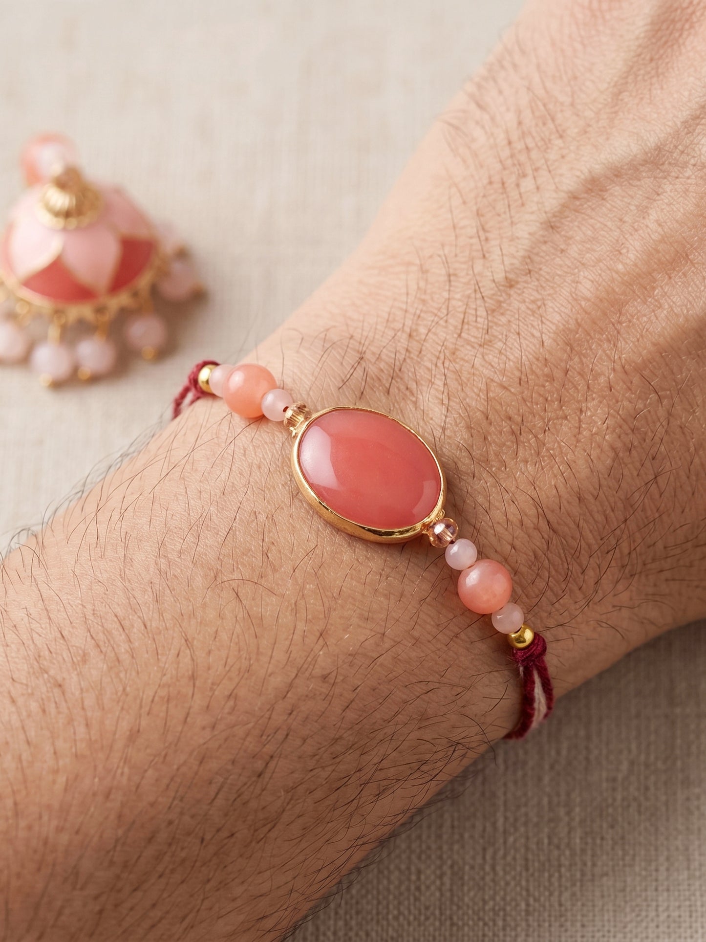 Set of 2 Pink Faux Stone Bhaiya Bhabhi Rakhi Set with Jhumki Lumba. Pink Beads, Roli, Chawal & Card (265-CHCR1-1151-PK-2-2026)