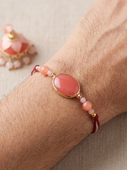 Set of 2 Pink Faux Stone Bhaiya Bhabhi Rakhi Set with Jhumki Lumba. Pink Beads, Roli, Chawal & Card (265-CHCR1-1151-PK-2-2026)