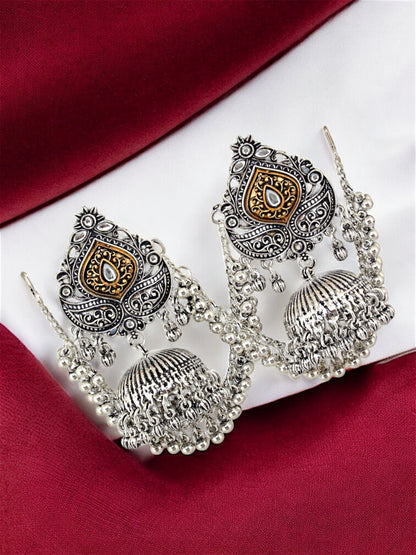 Trendy Oxidised Silver Plating Jhumki Earring For Women and Girls | Designer Earrings with Tasseled Ear Chain (367-TJO-16905)