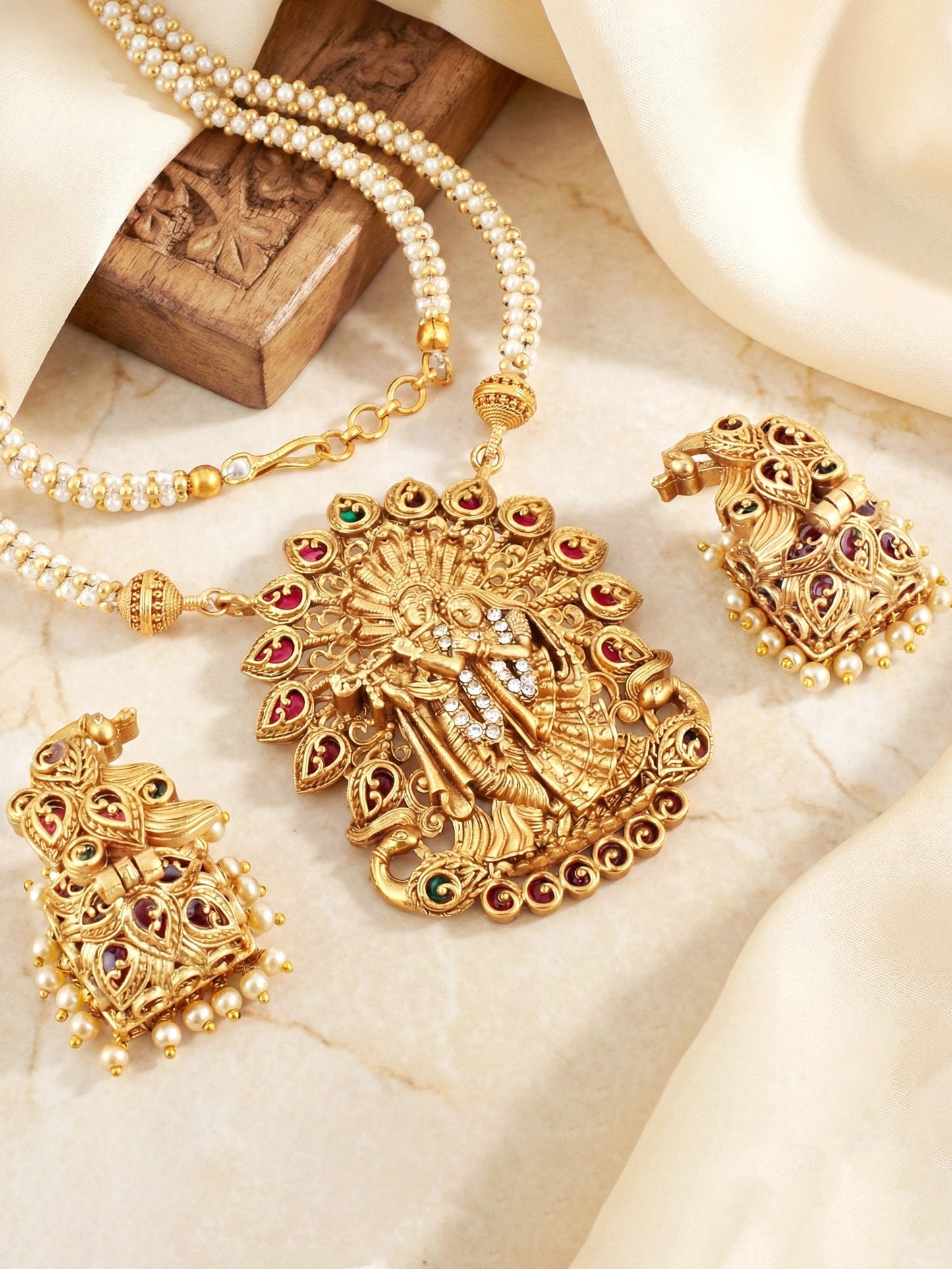 Premium Traditional Antique Matte Gold Plated Radha Krishna Temple Jewelry Long Pearl Chain Necklace Set with Peacock Design Jhumka Earrings for Women & Girls (1898-ISR-2183-RG)