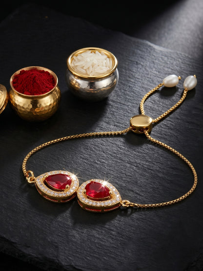Adjustable Rakhi Bracelet with Maroon drop AD Pendant, White Drops, Roli Chawal & Card (195-CHB2-1279-M-2026)