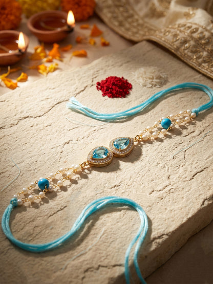 Adjustable Rakhi Bracelet with Blue drop AD Pendant, Turquoise & White Beads on Double Chain (200-CHB2-1279-F-2026)