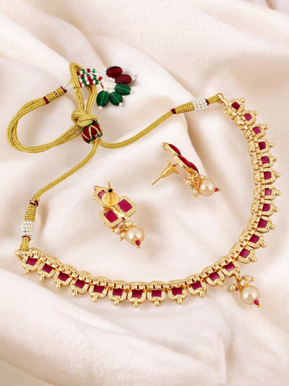 Gold Plated Magenta Color Choker Necklace Set with Earrings for Women & Girls
