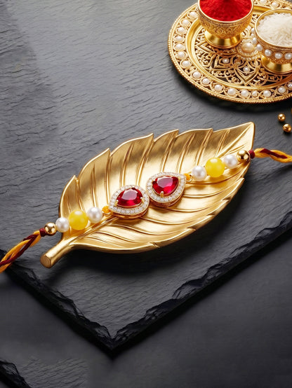 Rakhi for Brother with Maroon drop AD Pendant, White & Yellow Beads, Roli Chawal & Card (176-CHR1-1279-M-1-2026)